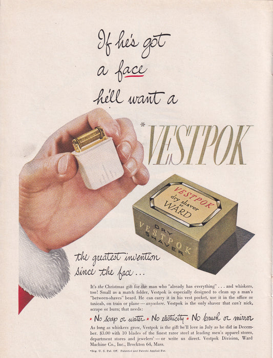 1946 Original Vintage Magazine Ad - Rare Americana - Vestpok Razor If He's Got a Face He'll Want a Vestpok