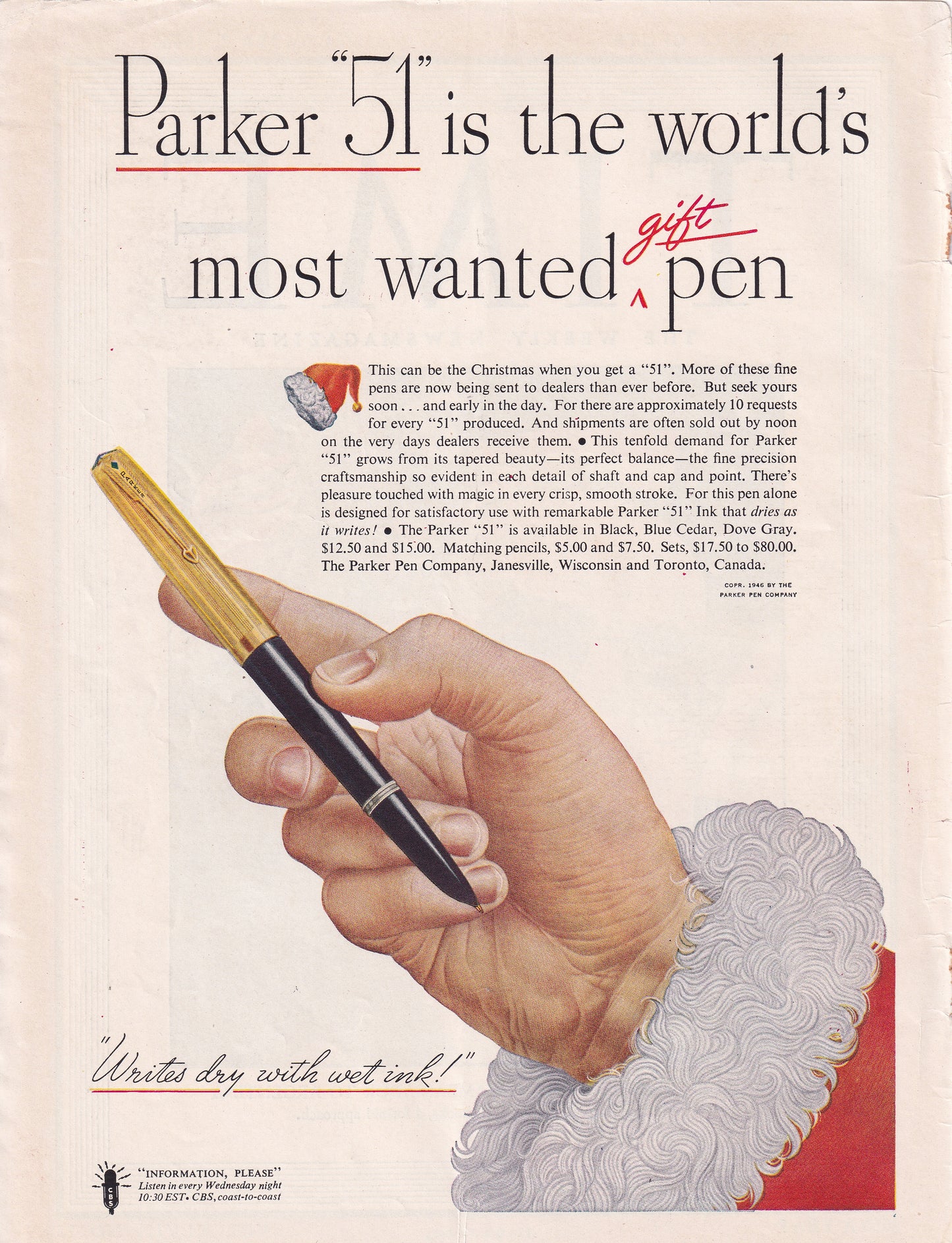 1946 Original Vintage Magazine Ad - Rare Americana - Parker 51 Is the World's Most Wanted Pen Santa Claus