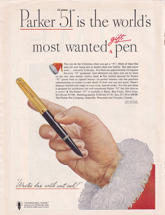 1946 Original Vintage Magazine Ad - Rare Americana - Parker 51 Is the World's Most Wanted Pen Santa Claus