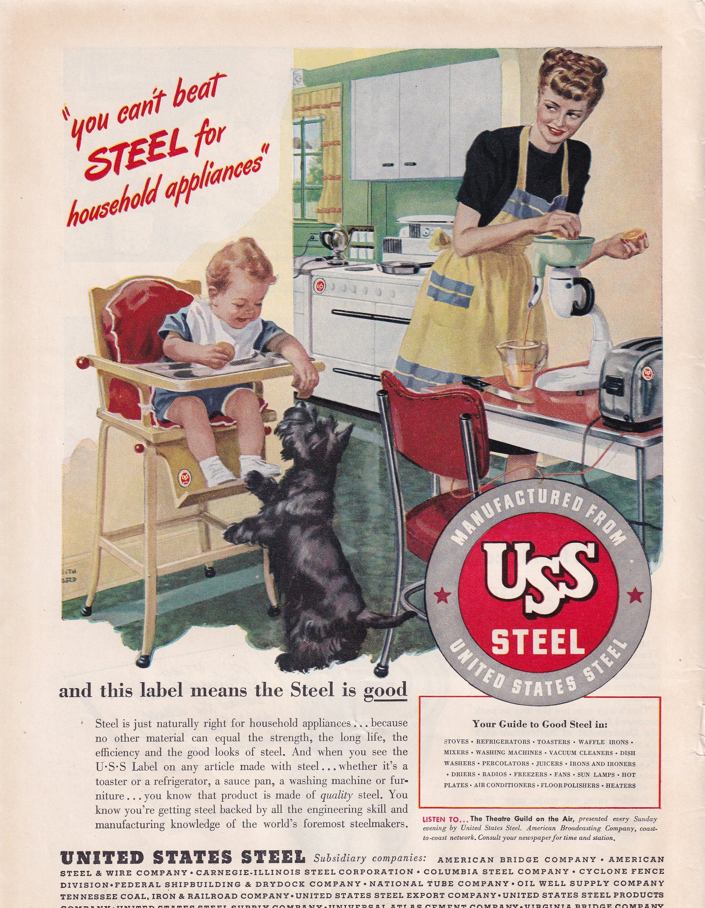 1946 Original Vintage Magazine Ad - Rare Americana - USS United States Steel Baby Feeding Scottie Dog