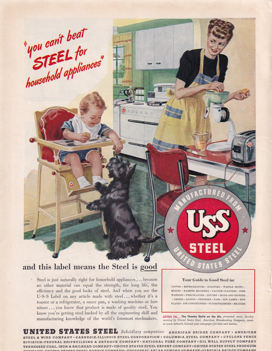 1946 Original Vintage Magazine Ad - Rare Americana - USS United States Steel Baby Feeding Scottie Dog