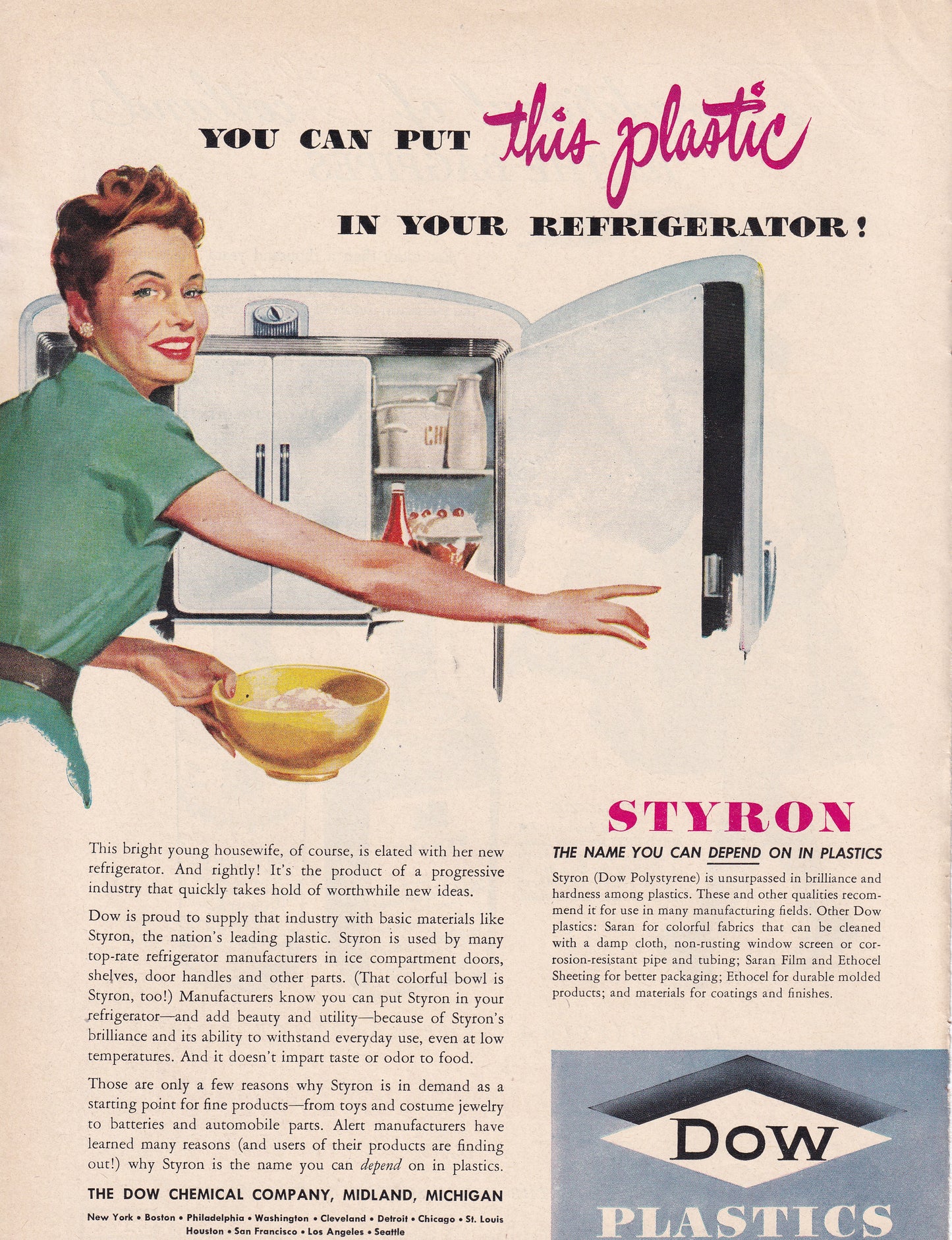 1946 Original Vintage Magazine Ad - Rare Americana - Dow Plastics Young Housewife You Can Put This Plastic in Refrigerator