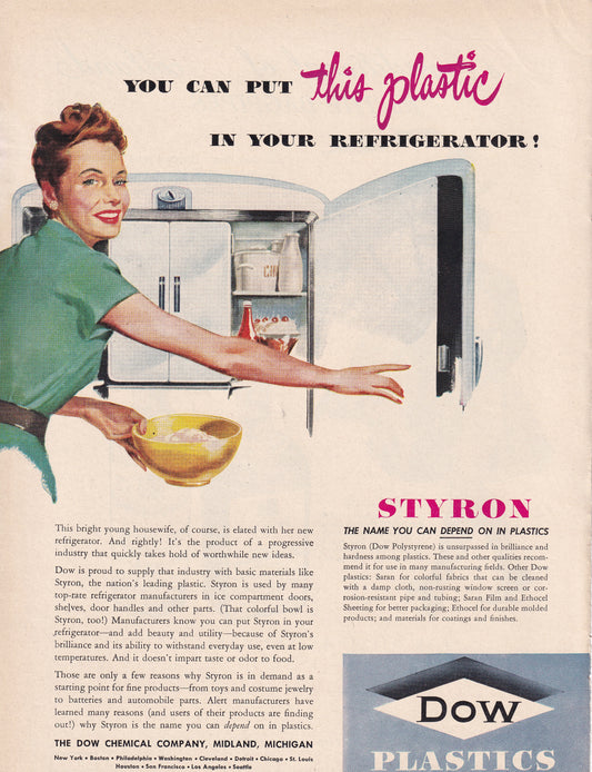 1946 Original Vintage Magazine Ad - Rare Americana - Dow Plastics Young Housewife You Can Put This Plastic in Refrigerator