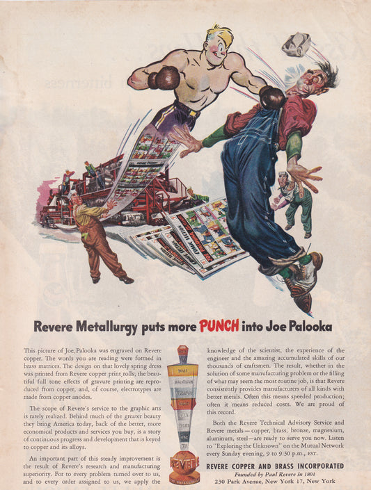 1946 Original Vintage Magazine Ad - Rare Americana - Revere Copper and Brass Joe Palooka Knockout