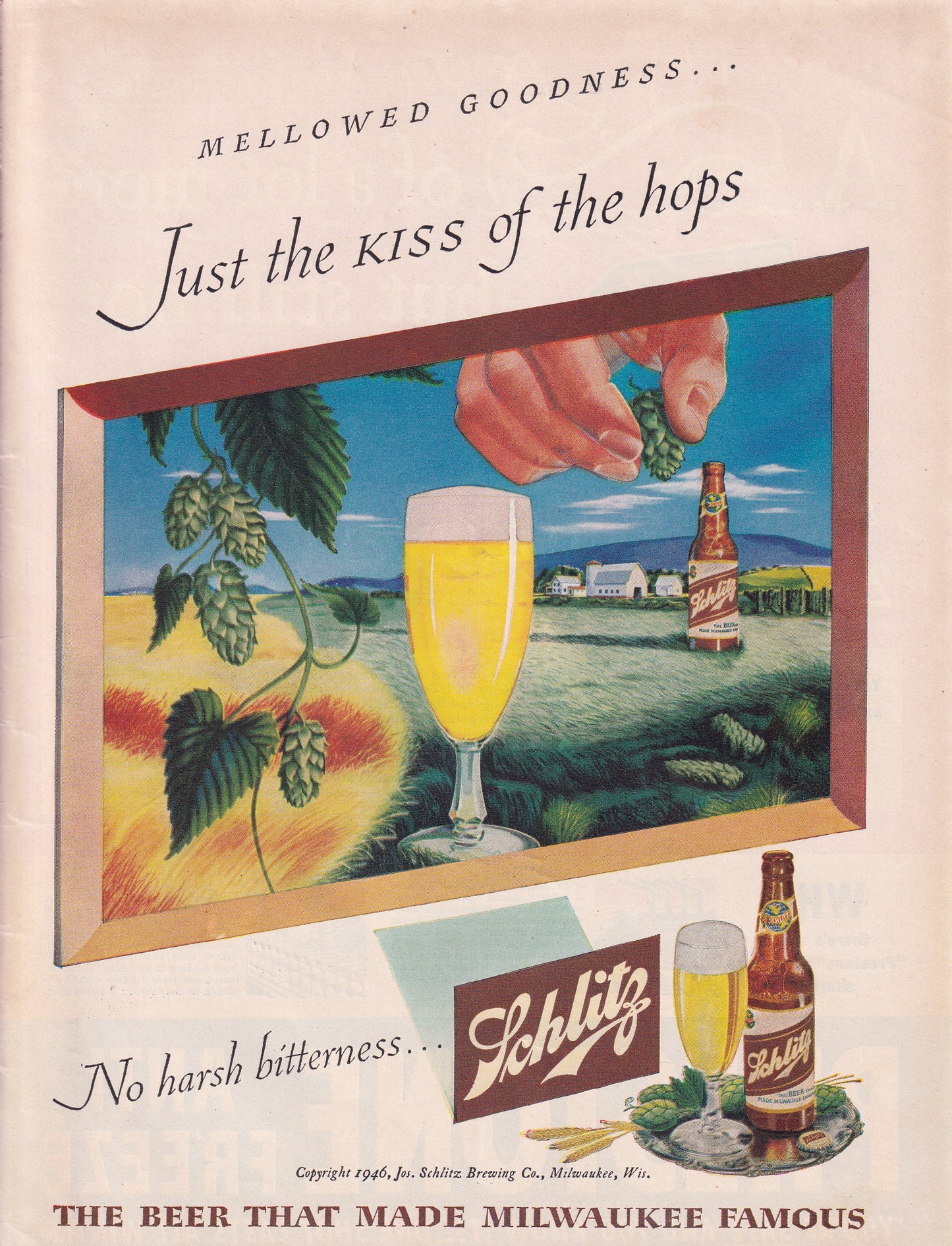 1946 Original Vintage Magazine Ad - Rare Americana - Schlitz Beer Just the Kiss of the Hops Farm Scene