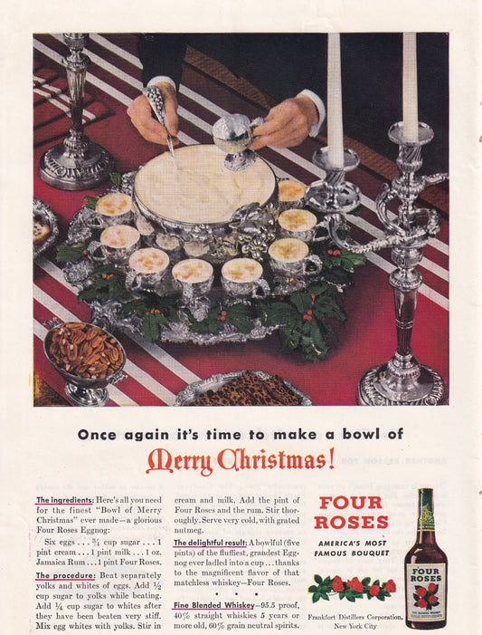 1946 Original Vintage Magazine Ad - Rare Americana - Four Roses Whiskey Merry Christmas Egg Nog