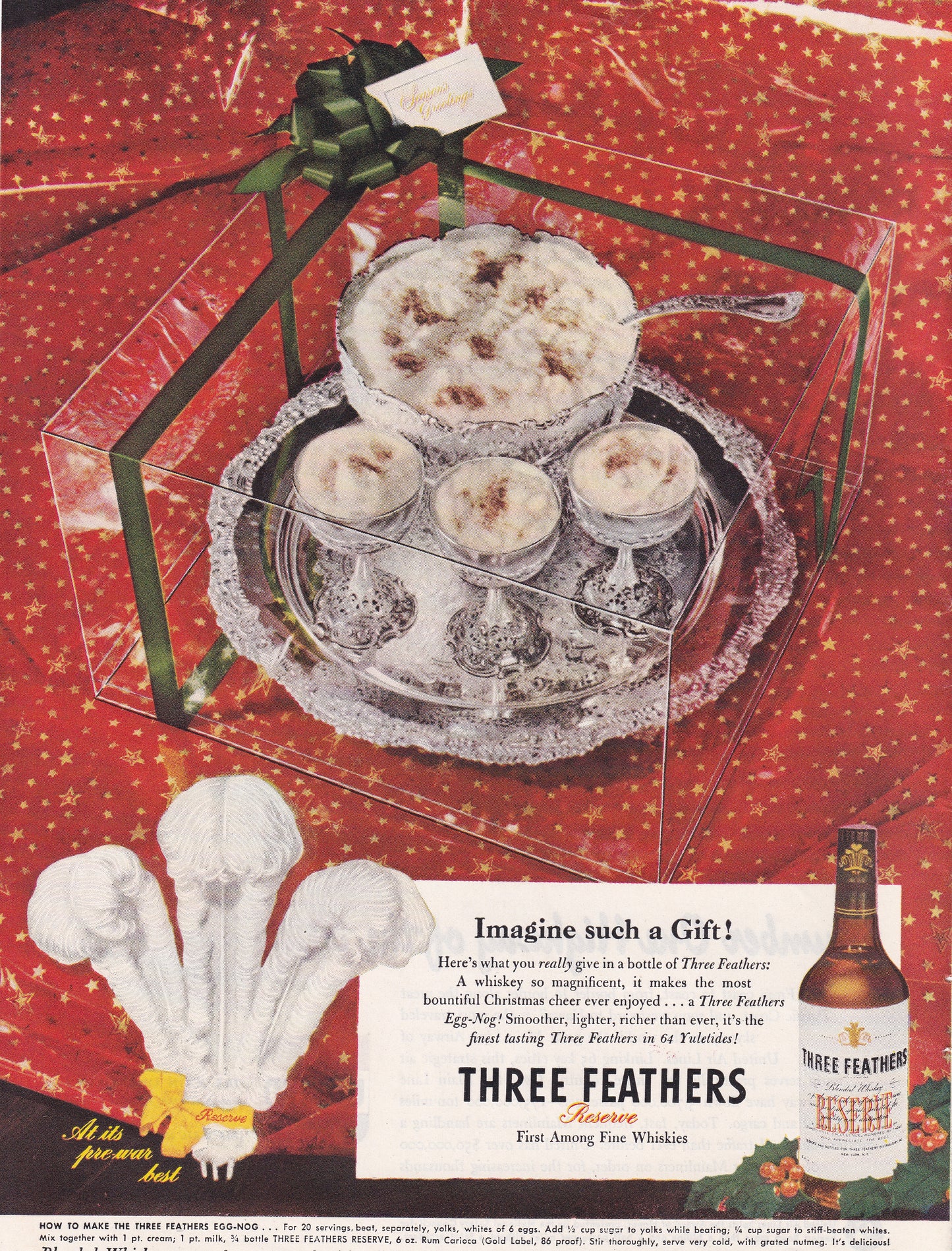 1946 Original Vintage Magazine Ad - Rare Americana - Three Feathers Whiskey Egg Nog