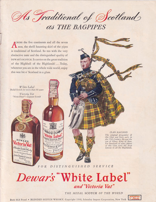 1946 Original Vintage Magazine Ad - Rare Americana - Dewar's White Label As Traditional of Scotland as the Bagpipes