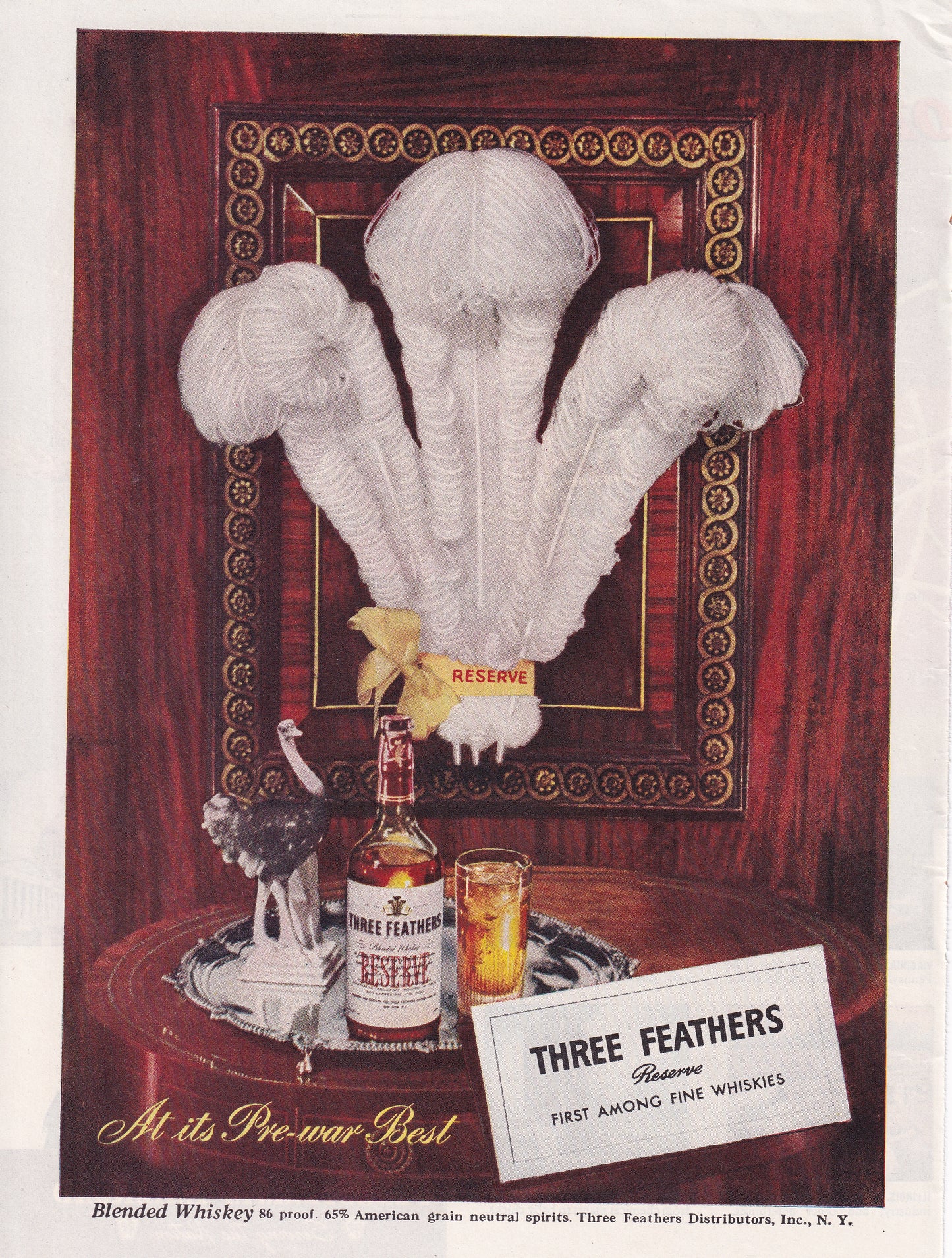 1946 Original Vintage Magazine Ad - Rare Americana - Three Feathers Whiskey At It's Pre-war Best