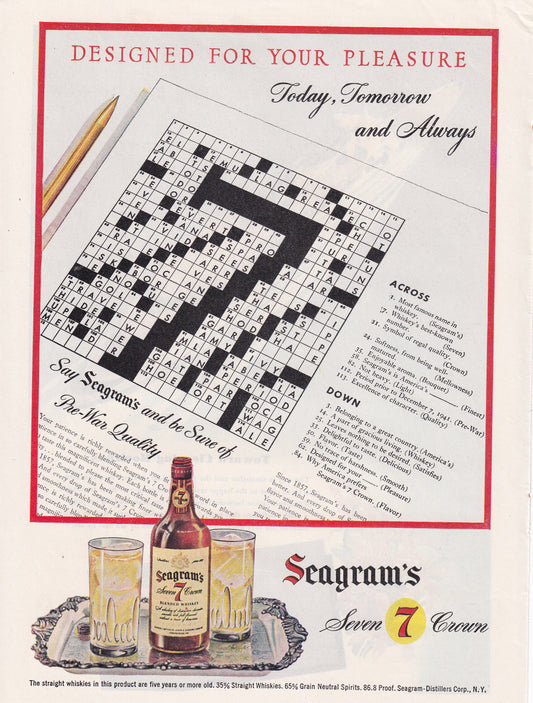 1946 Original Vintage Magazine Ad - Rare Americana - Seagram's Seven Crown Crossword Puzzle Designed for Your Pleasure