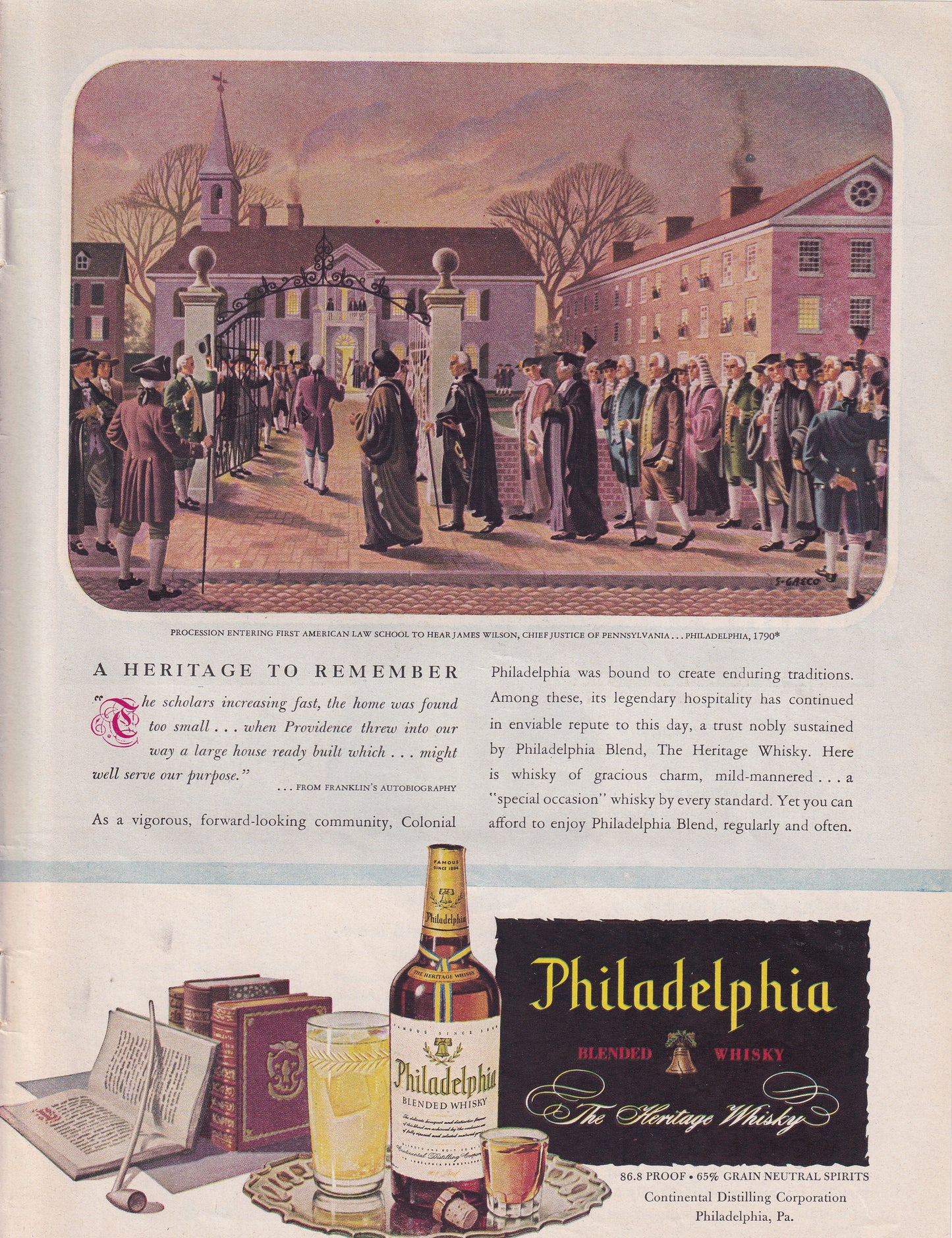 1946 Original Vintage Magazine Ad - Rare Americana - Philadelphia Whiskey First American Law School