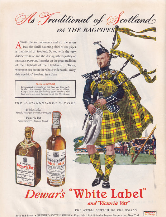 1946 Original Vintage Magazine Ad - Rare Americana - Dewar's White Label Babpipes Clan Macleod