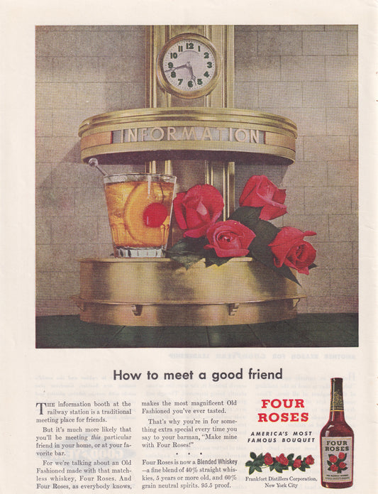 1946 Original Vintage Magazine Ad - Rare Americana - Four Roses Whiskey How to Meet a Good Friend