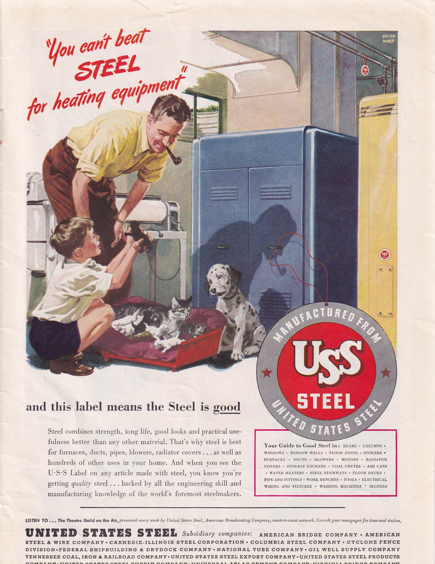 1946 Original Vintage Magazine Ad - Rare Americana - USS United States Steel Boy With Kitten and Dalmation Puppy