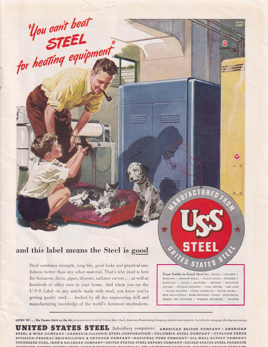 1946 Original Vintage Magazine Ad - Rare Americana - USS United States Steel Boy With Kitten and Dalmation Puppy