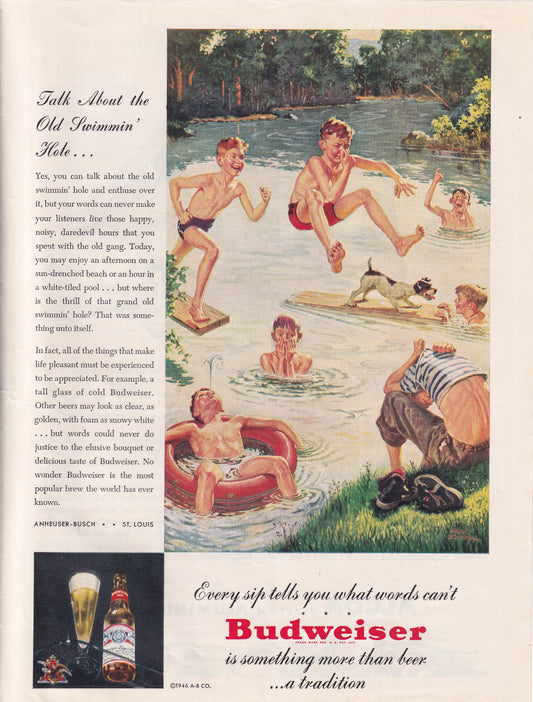 1946 Original Vintage Magazine Ad - Rare Americana - Budweiser Beer Boys Swimming in Old Swimming Hole