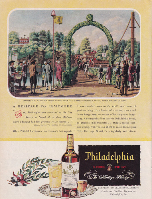 1946 Original Vintage Magazine Ad - Rare Americana - Philadelphia Whiskey President Washington Crosses Floating Bridge Gray's Ferry