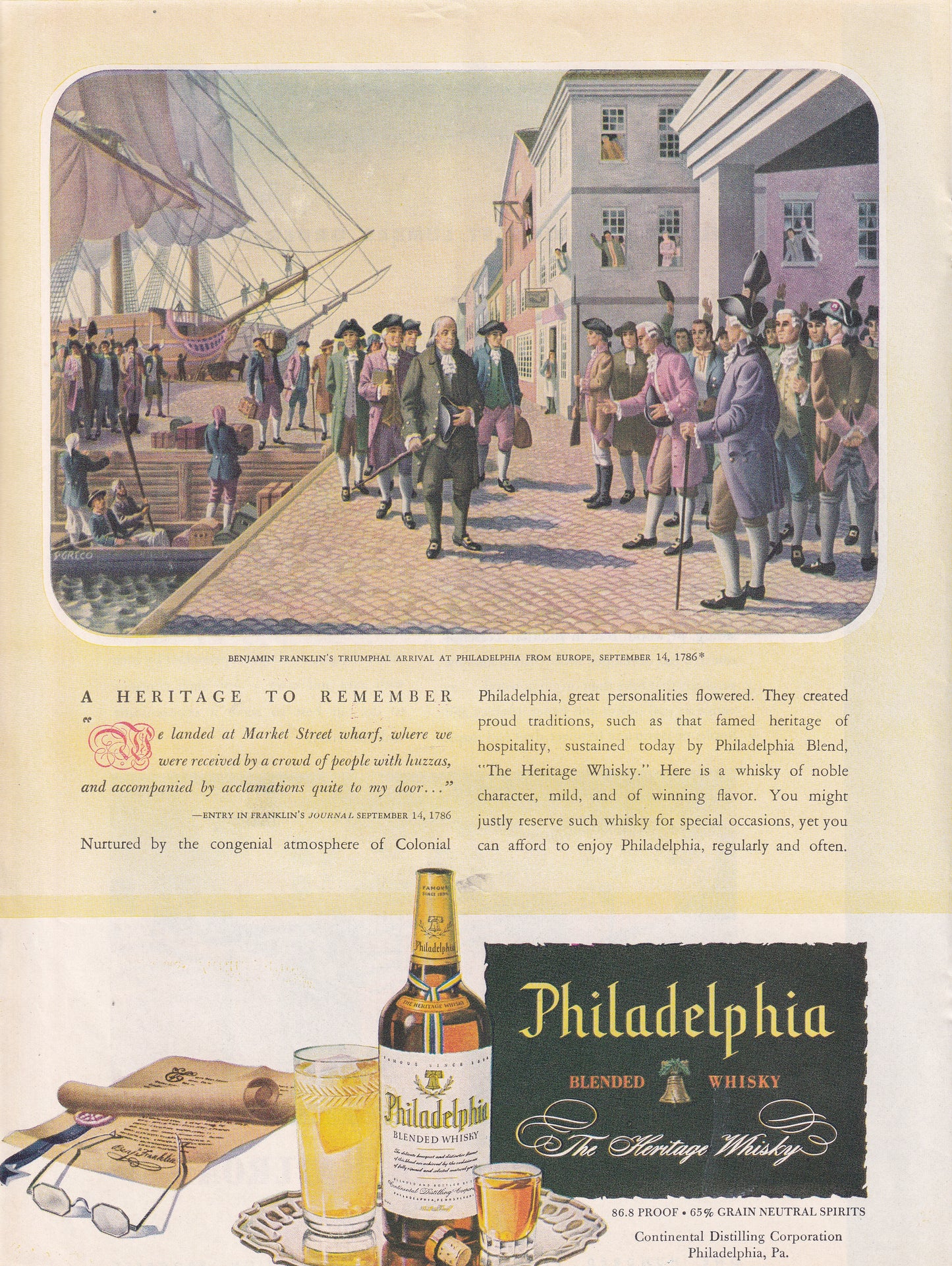 1946 Original Vintage Magazine Ad - Rare Americana - Philadelphia Whiskey Benjamin Franklin's Triumphal Arrival