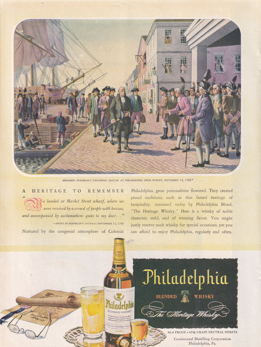 1946 Original Vintage Magazine Ad - Rare Americana - Philadelphia Whiskey Benjamin Franklin's Triumphal Arrival