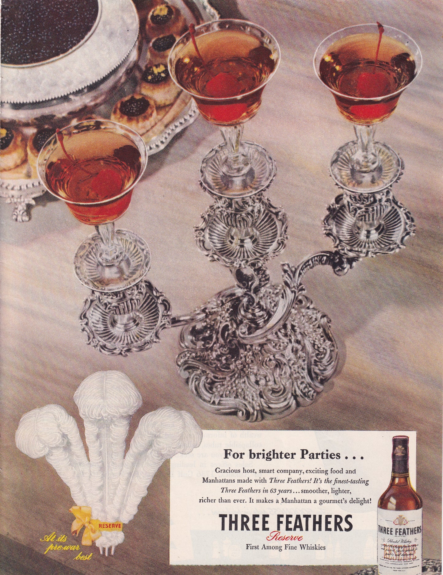 1946 Original Vintage Magazine Ad - Rare Americana - Three Feathers Whiskey For Brighter Parties