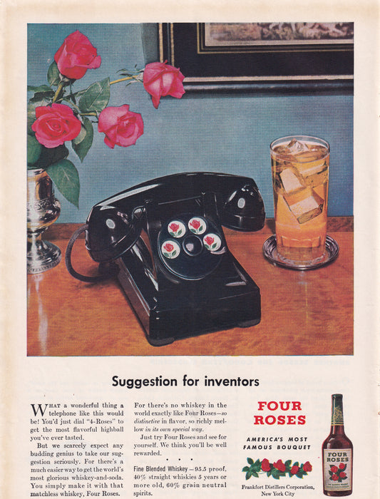 1946 Original Vintage Magazine Ad - Rare Americana - Four Roses Whiskey Telephone Suggetion for Inventors