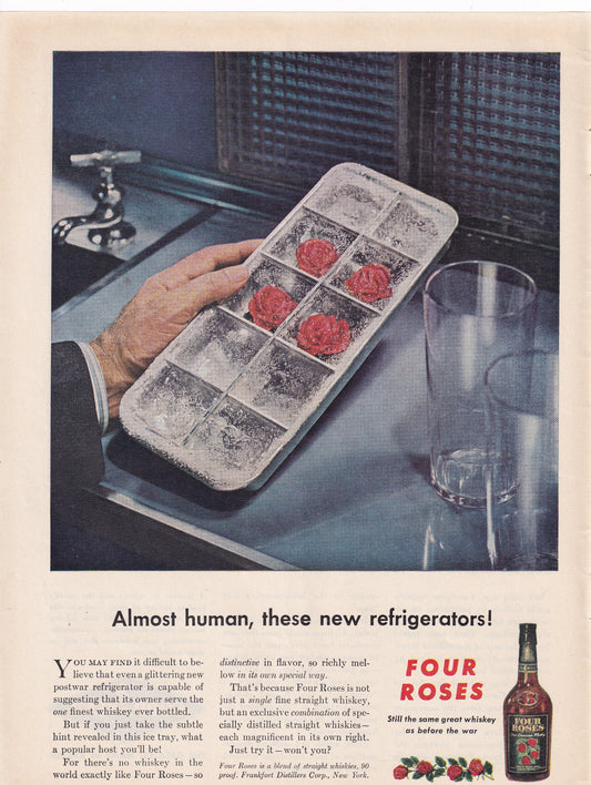 1946 Original Vintage Magazine Ad - Rare Americana - Four Roses Whiskey Ice Cube Tray New Refrigerators