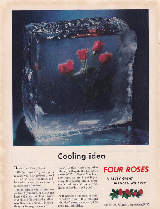 1946 Original Vintage Magazine Ad - Rare Americana - Four Roses Whiskey Cooling Idea