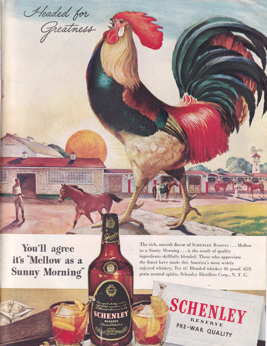 1946 Original Vintage Schenley Whiskey Rooster Headed for Greatness - Rare Americana
