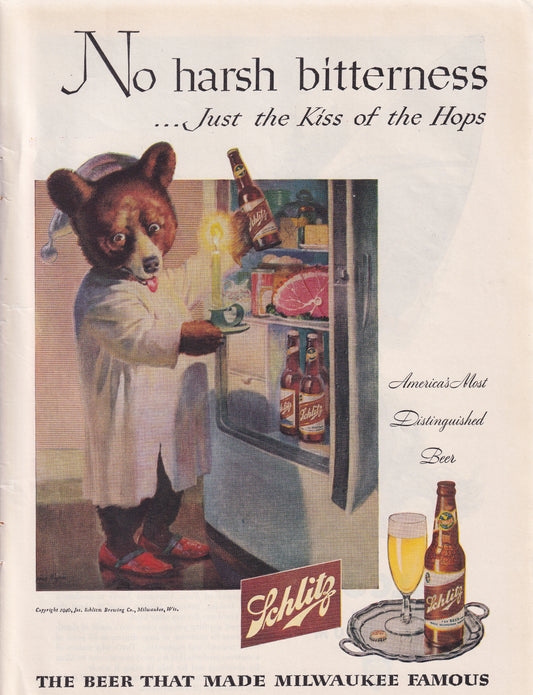 1946 Original Vintage Schlitz Beer Bear Midnight Snack Ad - Rare Americana