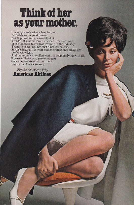 1969 Original Vintage Magazine Ad - American Airlines Stewardess Think of Her as Your Mother
