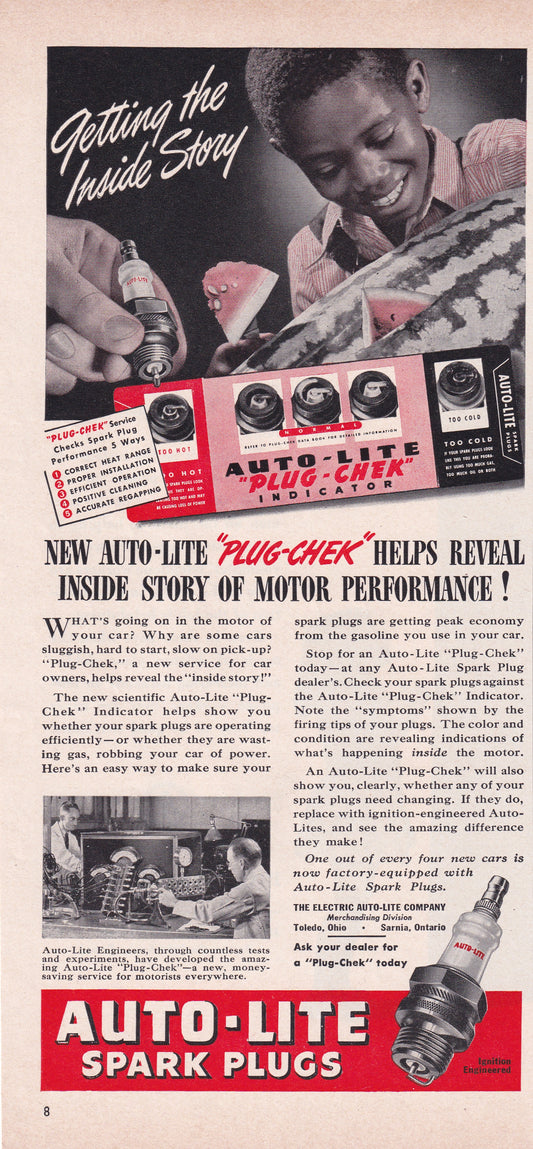Insensitive 1940's Original Vintage Magazine Ad - Autolite Spark Plugs - Unnecessary Watermelon