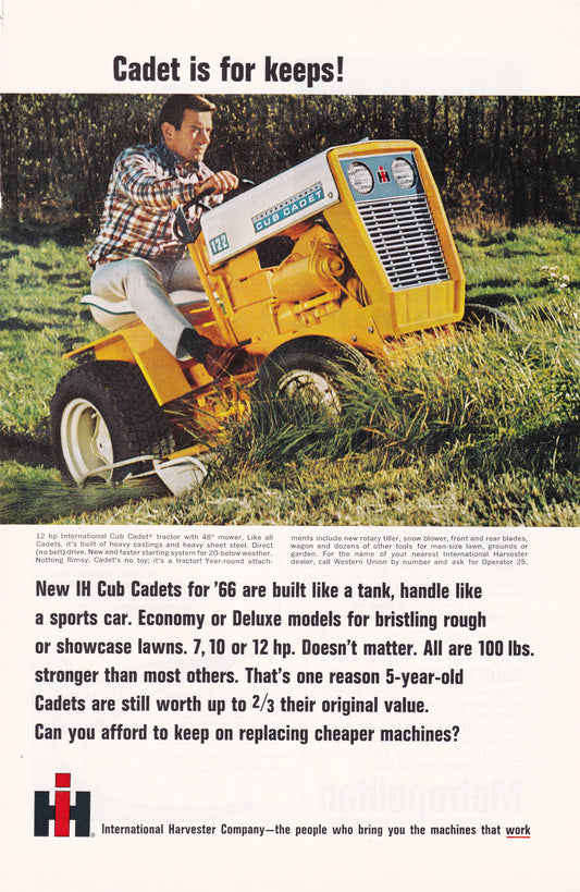 1966 Original Vintage Magazine Ad - International Harvester Cub Cadet - Ride on Lawnmower