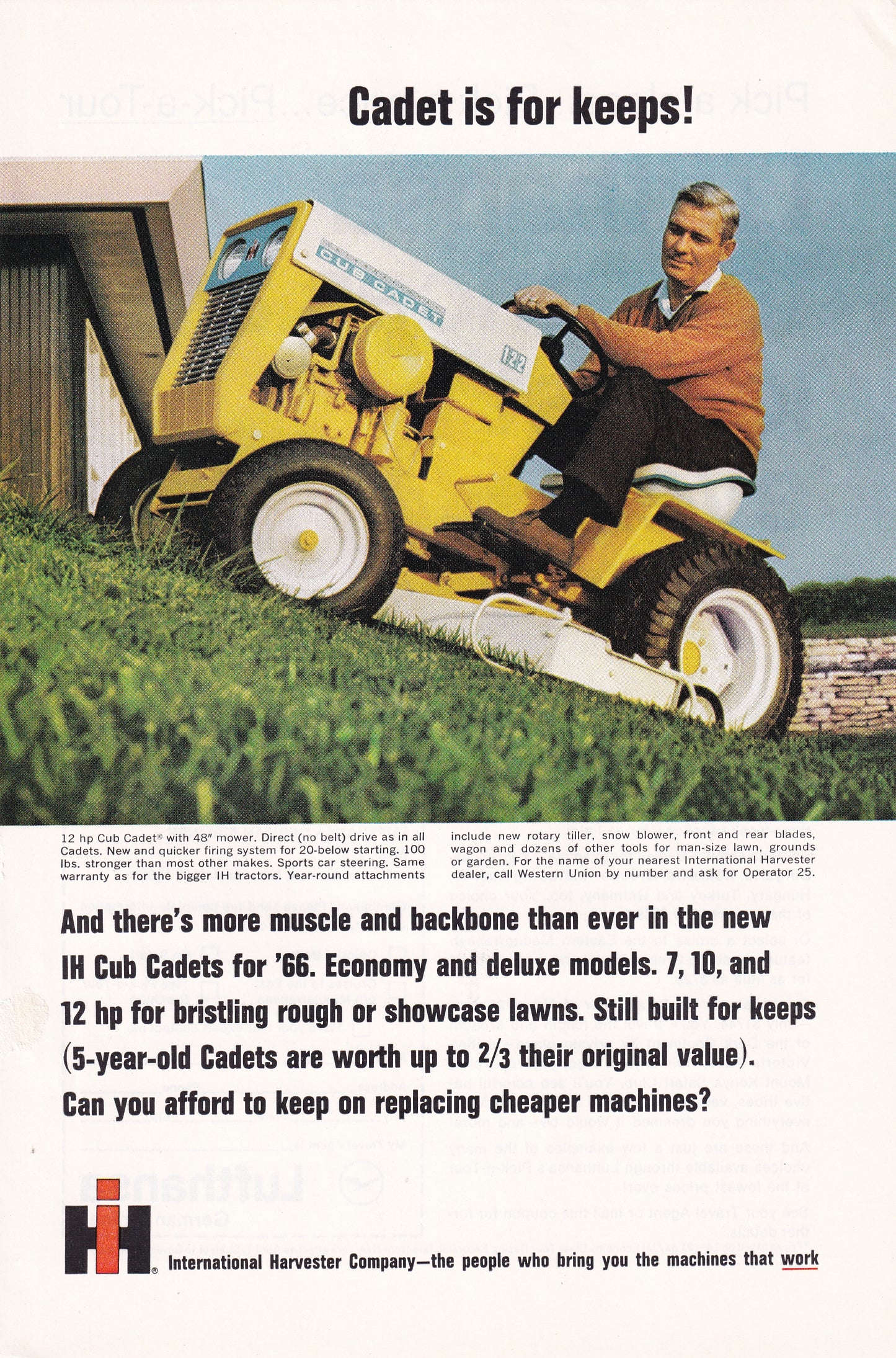 1966 Original Vintage Magazine Ad - International Harvester Cub Cadet - Ride on Lawnmower 2