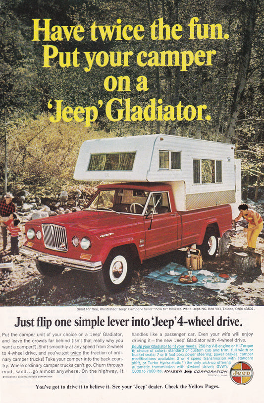 1969 Original Vintage Magazine Ad - Jeep Gladiator Red Truck Camper