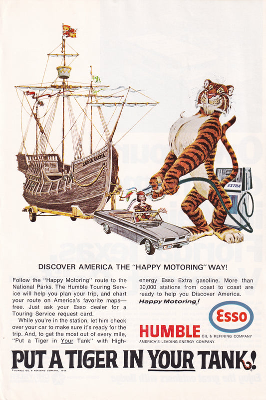 1966 Original Vintage Magazine Ad - Esso Gas - Put a Tiger in Your Tank - Buccaneer Pulling Ship