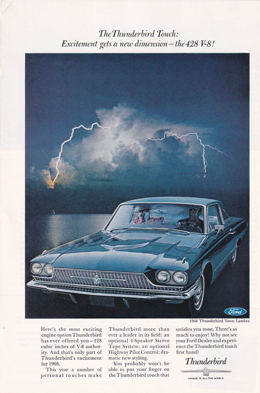 1966 Original Vintage Magazine Ad - Ford Thunderbird - Lightning 428 V-8