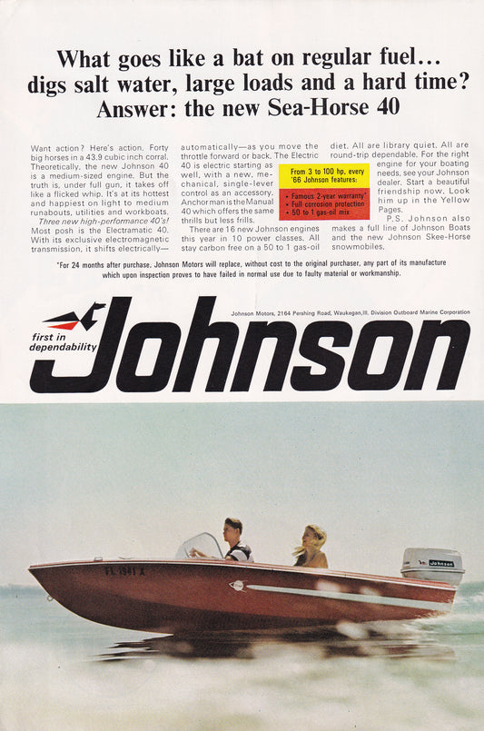 1966 Original Vintage Magazine Ad - Johnson Motors Fishing Boat - First in Dependability