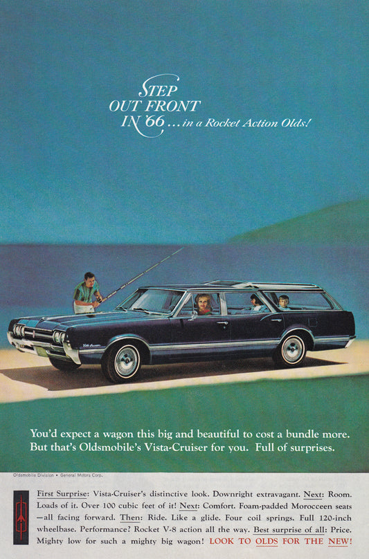 1966 Original Vintage Magazine Ad - Oldsmobile Vista-Cruiser - Station Wagon Rocket Action