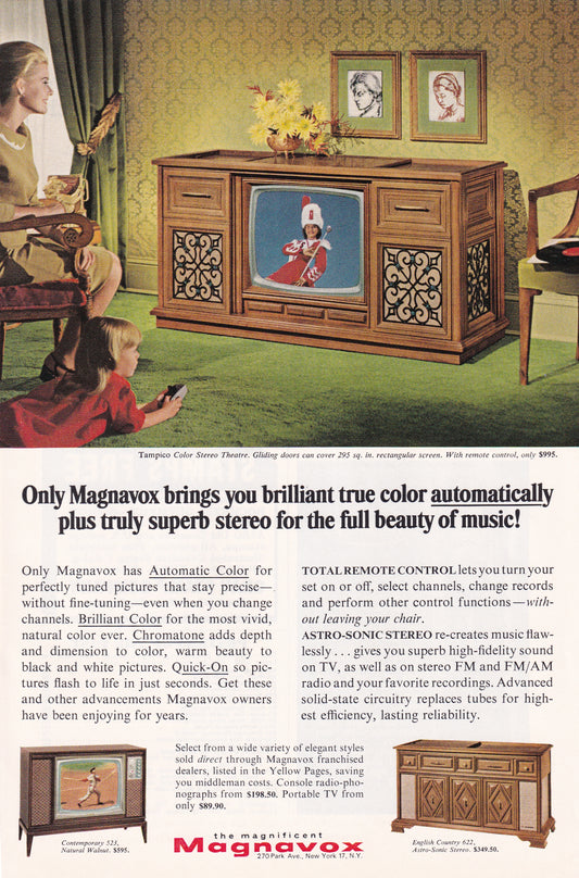 1966 Original Vintage Magazine Ad - Magnavox - Tampico Color Stereo Theatre Console Television TV