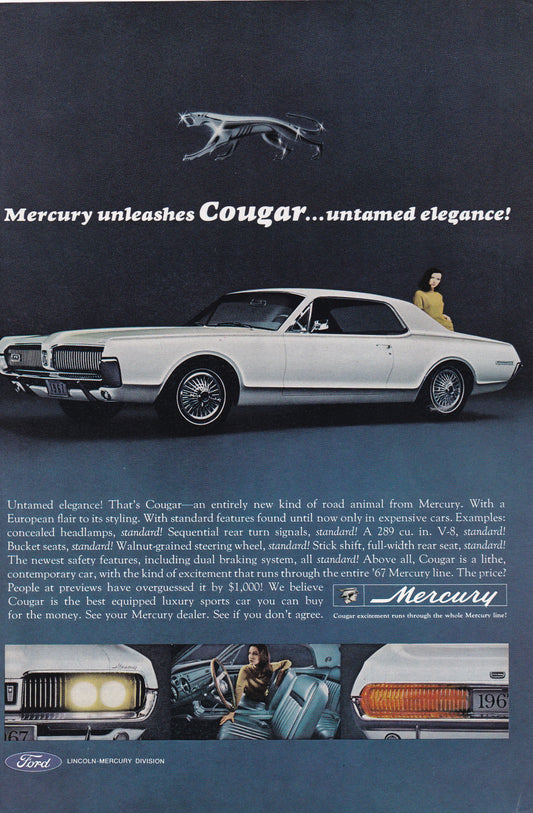 1966 Original Vintage Magazine Ad - 1967 Mercury Cougar - Mercury Unleashes Cougar