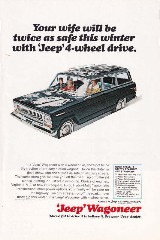 1966 Original Vintage Magazine Ad - Jeep Wagoneer - Your Wife Will be Twice as Safe this Winter