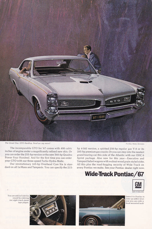 1966 Original Vintage Magazine Ad - 1967 GTO Hardtop - The Great One Quadrapower 400