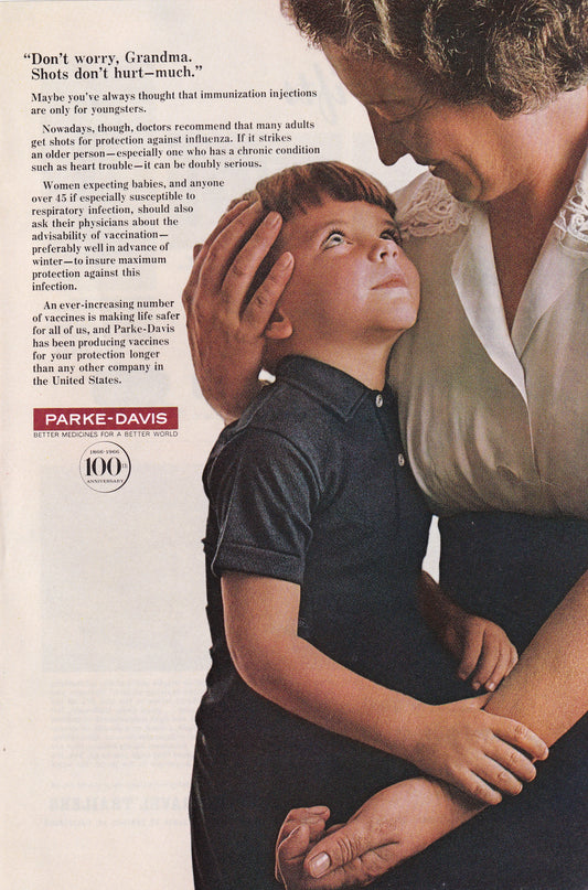 1966 Original Vintage Magazine Ad - Parke Davis Pharmaceutical - Shots Don't Hurt Grandma