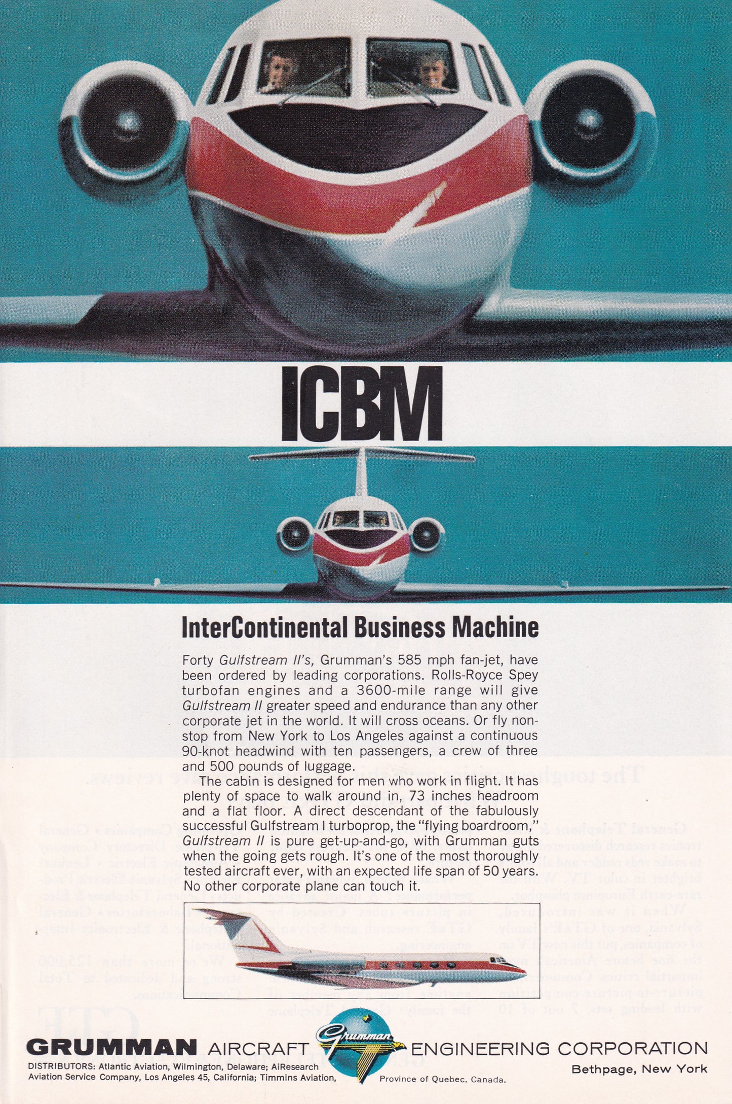 1966 Original Vintage Magazine Ad - Grumman Inter Continental Business Machine - Gulfstream II