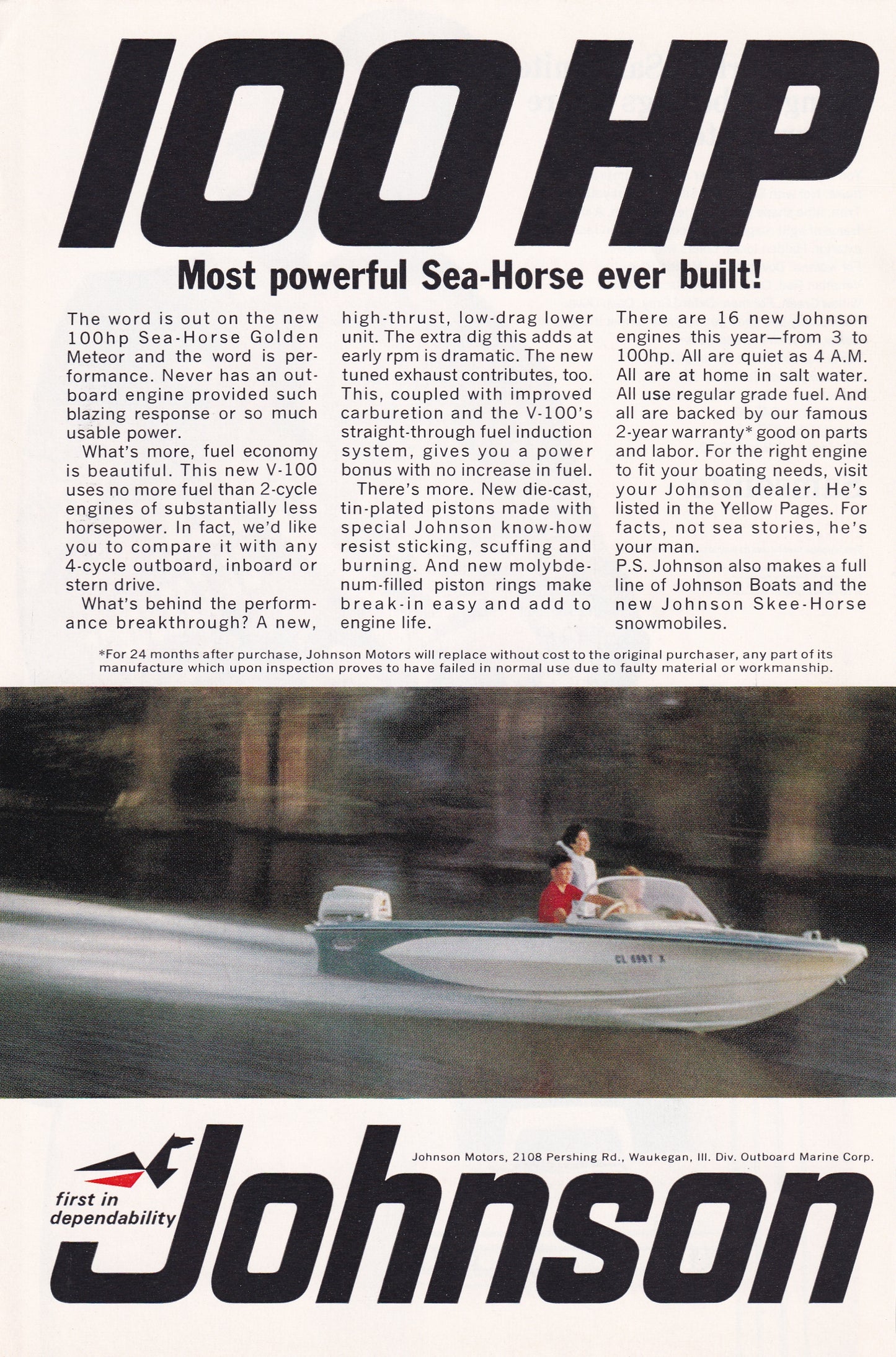 1966 Original Vintage Magazine Ad - Johnson 100 HP Boat Motor