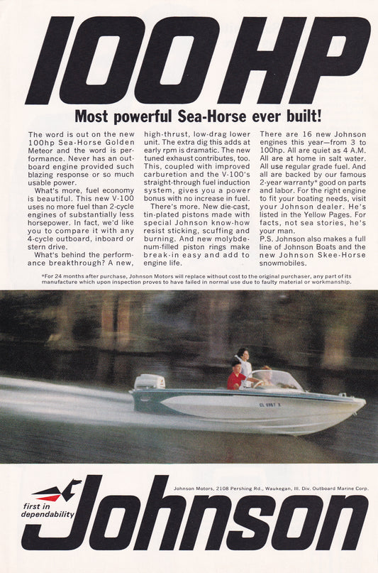 1966 Original Vintage Magazine Ad - Johnson 100 HP Boat Motor