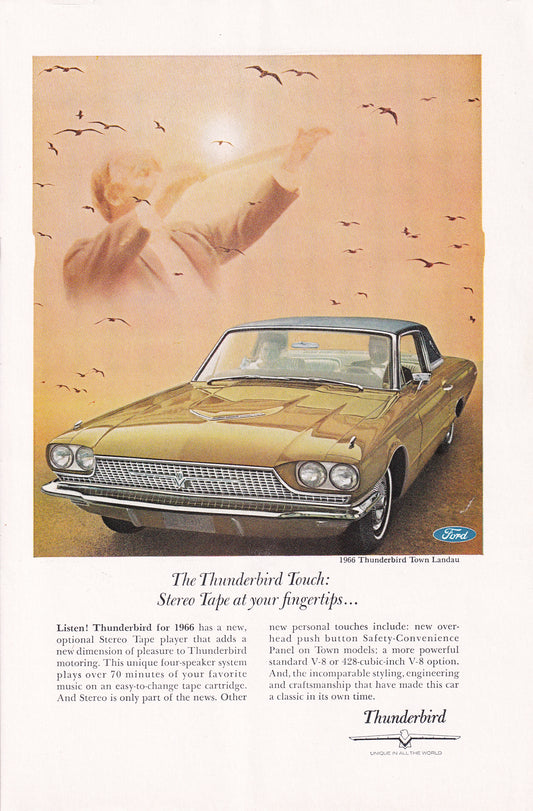 1966 Original Vintage Magazine Ad - Ford Thunderbird Town Landau - Stereo Tape at Your Fingertips