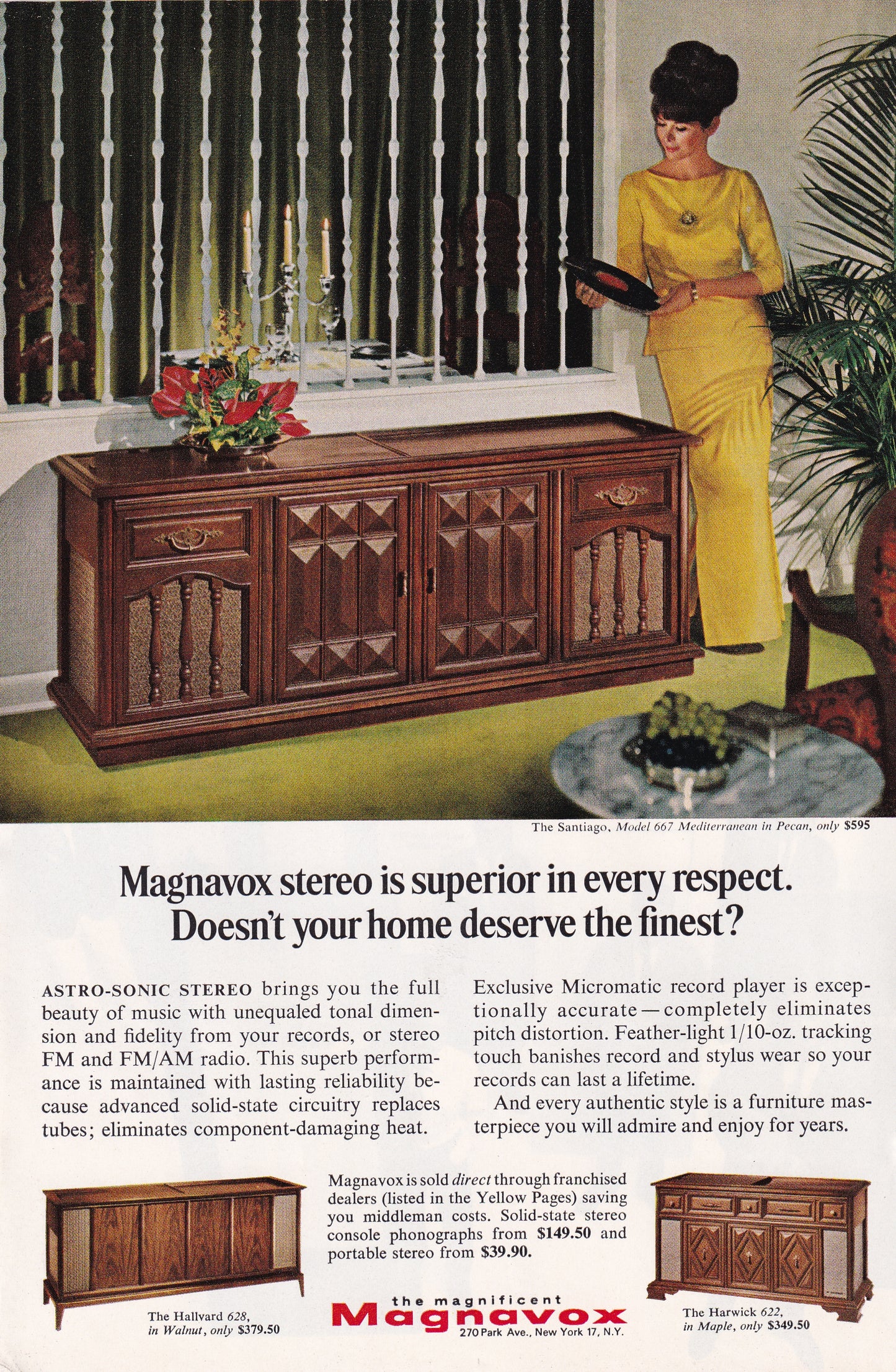 1966 Original Vintage Magazine Ad - Magnavox Radio - Santiago Model 667 Mediterranean  in Pecan