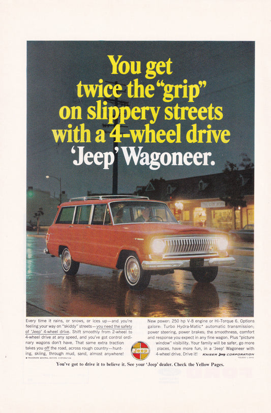 1966 Original Vintage Magazine Ad - Jeep Wagoneer - Twice the Grip on Slippery Streets