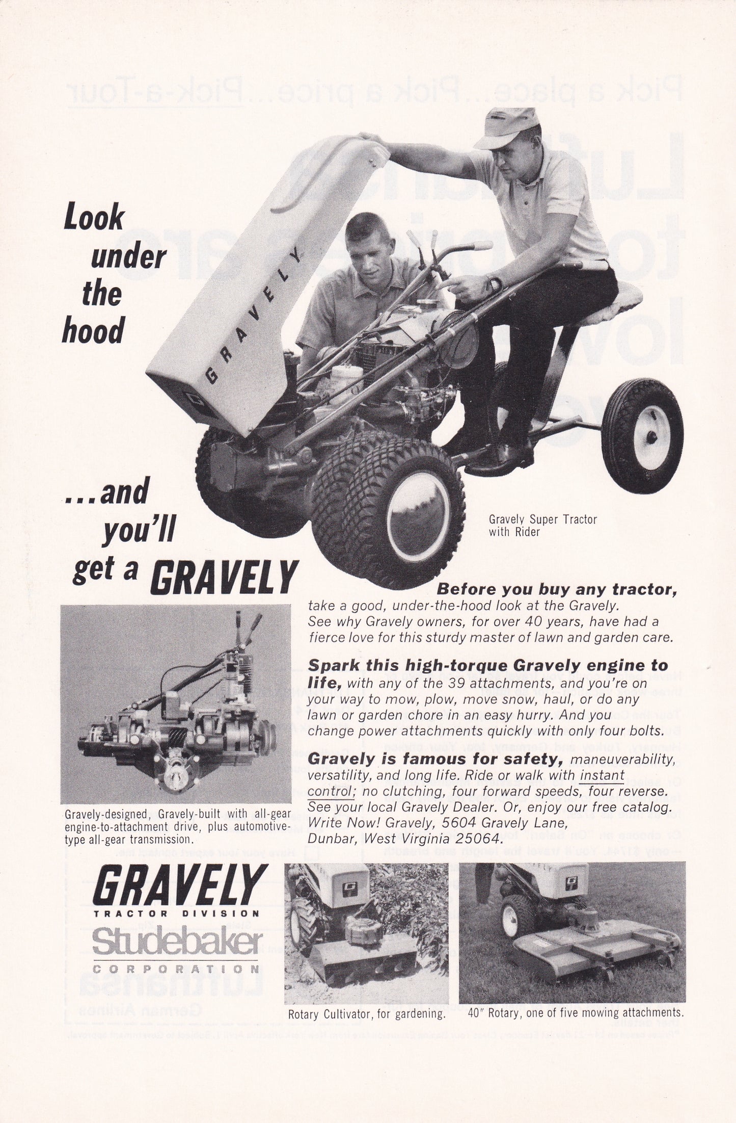 1966 Original Vintage Magazine Ad - Gravely Tractor Studebaker - Look Under the Hood Lawnmower